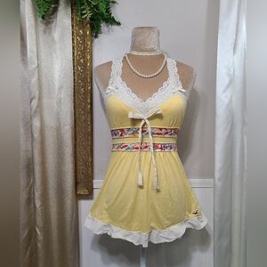 ♡ Y2K ♡ Hollister Butter Yellow Empire Waist Floral Babydoll Tank Top